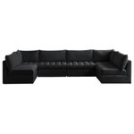 Meridian Furniture - Jacob Velvet Upholstered 6-Piece U-Shaped Modular Sectional, Black - Create the ideal seating arrangement for your space when you pick and choose the elements you like mostincluding this Jacob velvet modular sectional. Mix and match items in the Jacob collection to bring your living space or family room together with a personalized slant. Soft black velvet upholstery is soft and welcoming to the touch, adding a luxurious feel to everyday seating. Deep channel tufting adds to the piece's durability, and latches underneath the unit make it easy to attach to other pieces in the collection.