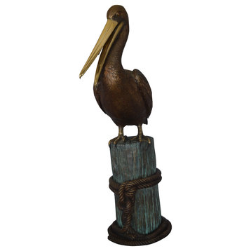 Pelican on a Stump Bronze Statue -  Size: 14"L x 38"W x 58"H.