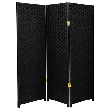 4' Tall Woven Fiber Room Divider, Black, 3 Panel