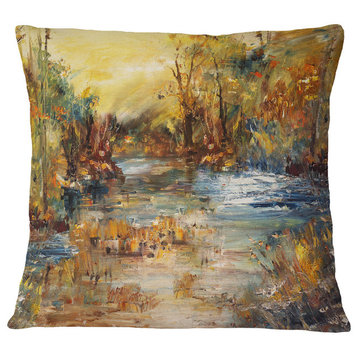 River in Forest Oil Painting Landscape Painting Throw Pillow, 16"x16"