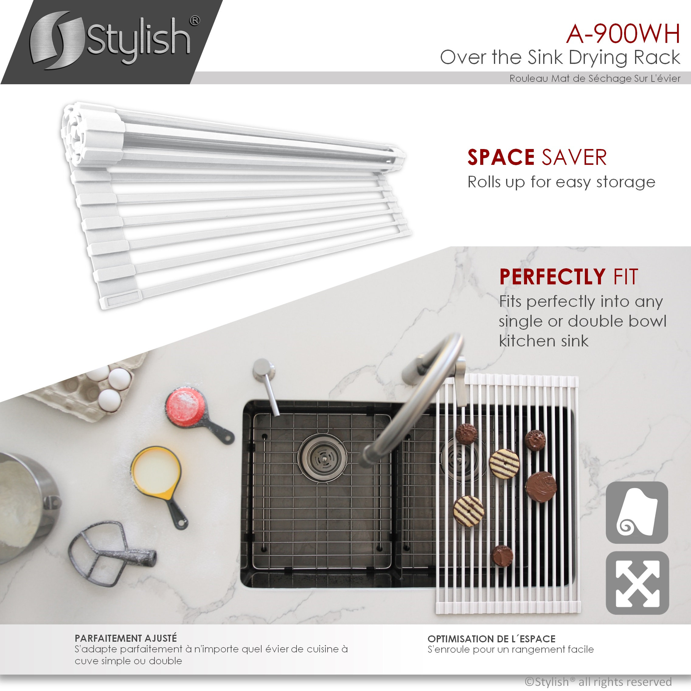 STYLISH Multipurpose Over Sink Roll-Up Dish Drying Rack, White