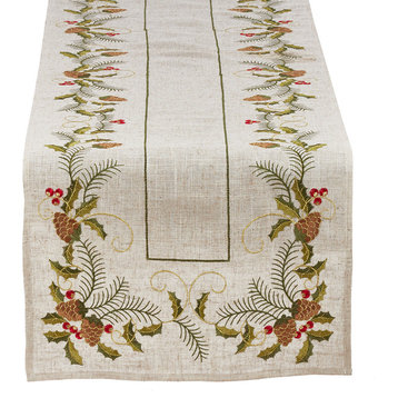 Holiday Embroidered Pinecone and Holly Natural Table Runner, 16"x68"