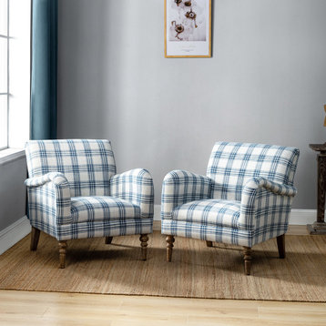 Upholstered Amchair With Plaid Pattern Set of 2, Navy