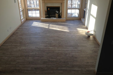 Trendy porcelain tile living room photo in Other