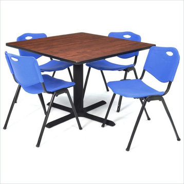 Cain 48" Square Breakroom Table, Cherry and 4 'M' Stack Chairs, Blue