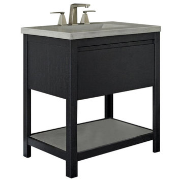 30" Solace Vanity Base in Midnight Oak with Palomar Vanity Top and Sink in Ash