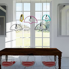 light fixtures, chairs with red cushions