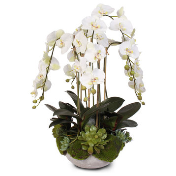 Silk White Orchids With Faux Moss And Succulents With Modern Stone Bowl