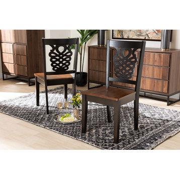 Mazur Modern Two-Tone Dark Brown and Walnut Wood Dining Chair, Set of 2