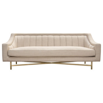 Fabric Sofa in Sand Linen Fabric Accent Pillows and Gold Metal Criss-Cross Frame