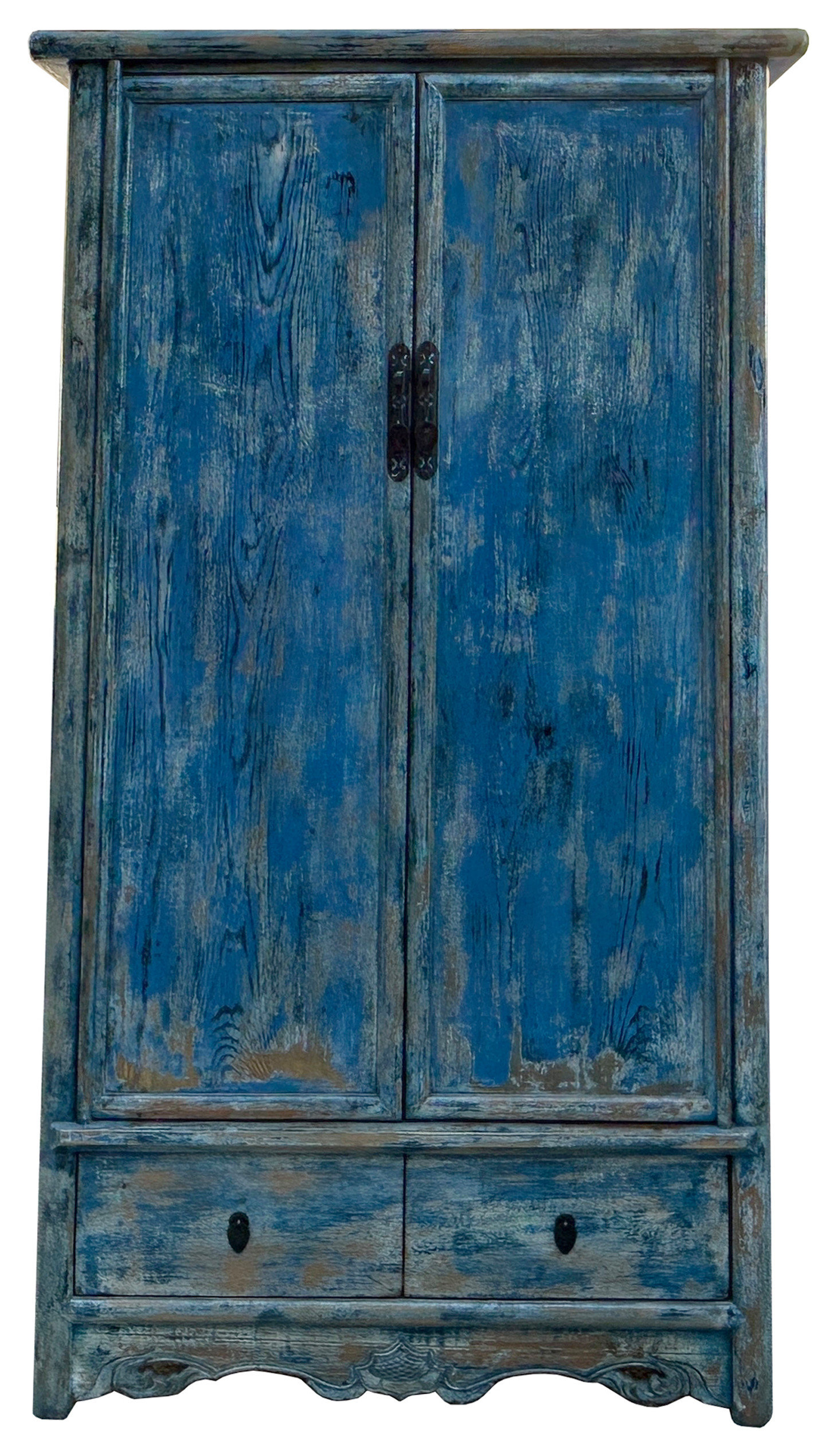 Distressed Bright Blue Tall Oriental Noodle Cabinet Storage Armoire