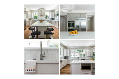 This is an example of a large contemporary galley kitchen/diner in Charlotte with a submerged sink, recessed-panel cabinets, white cabinets, white splashback, stainless steel appliances, medium hardwood flooring and an island.