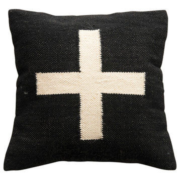 Wool Blend Pillow With Swiss Cross, Black/Cream
