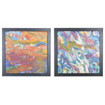 Rains Gallery - 2-Piece Original Art, Abstract Oil Paintings by Henry Brown - This amazing set of two original abstract paintings by Henry Brown titled "Angel" and “Sea of Life” were painted with oil on wood board. These wonderfully colorful prints incorporate hues of orange, teal, blues, purples, dark fuchsias, pinks, cream, white and yellow in a wavy motion which brings the pictures to life. Both paintings are being presented in a ¾ inch black wooden frame. "Angel" is signed and dated by Brown on the back.