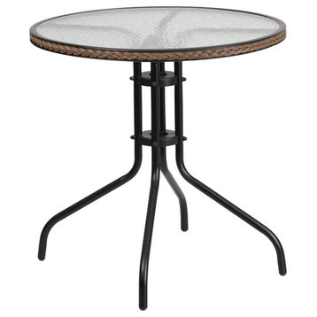 28" Round Tempered Glass Metal Table With Dark Brown Rattan Edging