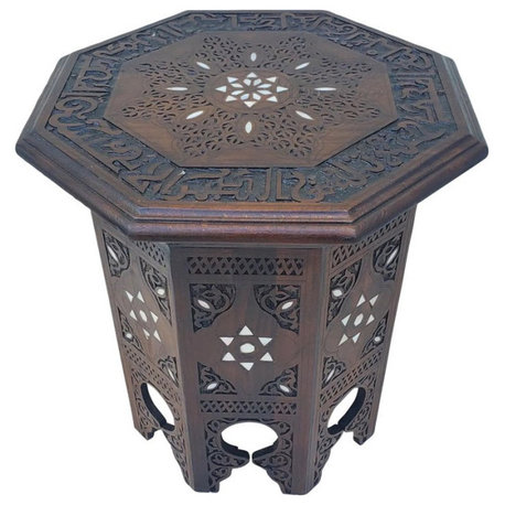 Moroccan Octagonal Mother Of Pearl Side Table with Calligraphy Writing