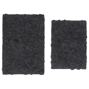 Bell Flower Collection Tufted Bath Rugs, 2 Piece Set, Gray