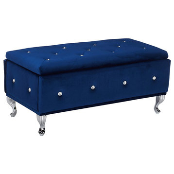 Blue Velvet Tufted Design Upholstered Storage Bench Ottoman