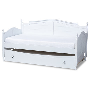 Treena Cottage Farmhouse White Wood Twin Size Daybed With Roll-Out Bed, White