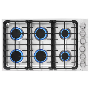 Gas Cooktop With 6 Sealed Burners Cast Iron Grates LPG/NG Convertible
