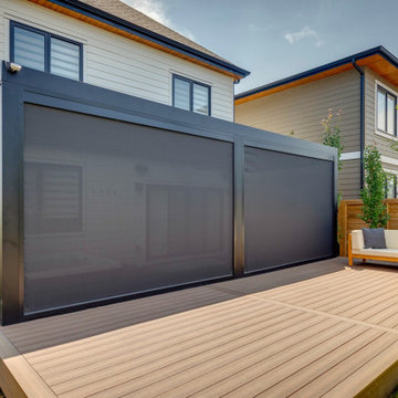 StruXure Pergola Over Hot Tub Area with Screens & Privacy Wall, Feat. Lights & H