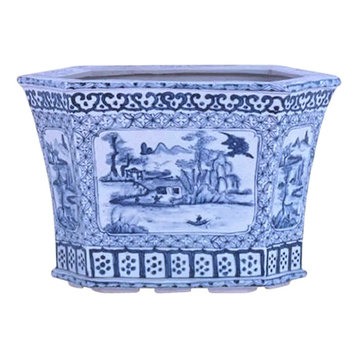 Beautiful Oriental Blue and White Blue Willow Hexagonal Porcelain Pot