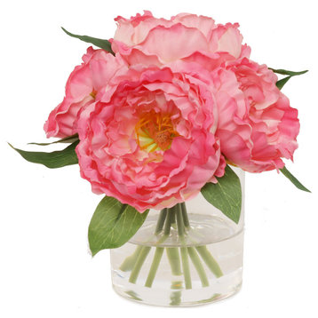Lush Pink Peony Arrangement - 7 Fronds in Elegant Glass Vase