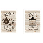 Trendy Decor4U - "Enjoy Tea Time" 2-Piece Vignette by Millwork Engineering, White Frame - Enjoy Tea Time is a 2 piece grouping of coffee and tea kitchen decor by the designers at Trendy D cor 4U, in matching 10 x 14 white frames. This attractive set includes "Tea Time is Friend's Time" with a teapot and teacups, and "The Daily Grind" which shows an antique hand crank coffee grinder. The surface of the prints are textured with a fade resistant coating so no glass is necessary. Arrives ready to hang. Made in the USA by skilled American workers.