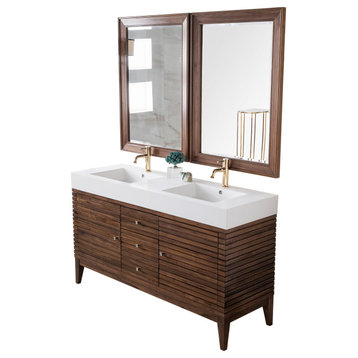 59 Inch Walnut Bath Vanity, Double Sink, No Top, No Sink, With Outlets, Modern