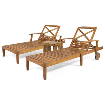 Frankie Outdoor Acacia Wood 3 Piece Chaise Lounge Set