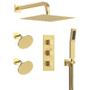 Triple Heads 12" Rain High Pressure Shower System with 3 Way Thermostatic Faucet, Brushed Gold