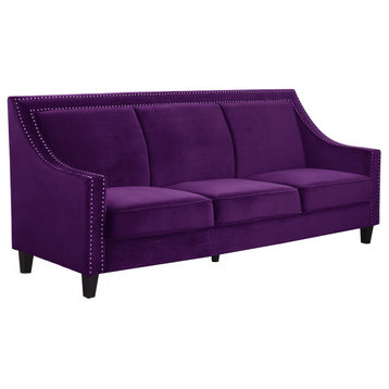 Traditional Sofa, Comfortable Velvet Seat With Swoop Arm & Nailhead Trim, Purple