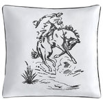 Paseo Road by HiEnd Accents - Ranch Life Indoor/Outdoor Pillow, 20"x20", Bronc Rider - Add a playful Western charm to your bed, sofa, or porch with our Ranch Life Indoor/Outdoor Pillow. In a versatile black-and-white colorway, this pillow depicts a cowgirl on horseback treading through a desert or a bucking bronc rider in the center. Black piped edges finish the look for a refined touch. Complement with our Ranch Life Quilt Set and coordinating pillows to complete a stylish and modern Western or Southwestern ensemble.