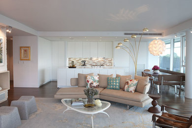 Inspiration for a large contemporary open concept dark wood floor living room remodel in New York with white walls, a ribbon fireplace, a stone fireplace and a media wall