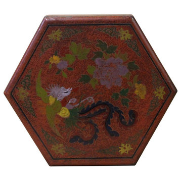 Chinese Distressed Brown Red Bird Graphic Hexagon Shape Box Hcs4666