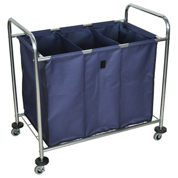 Industrial Laundry Cart With Steel Frame And Navy Canvas Bag With Dividers