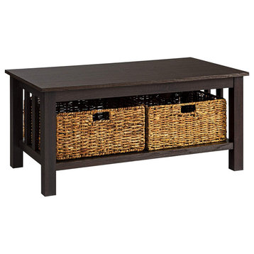 Classic Coffee Table, MDF Frame With Slatted Sides & 2 Rattan Baskets, Espresso