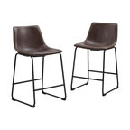 24" Industrial Faux Leather Counter Stools, Brown