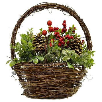 12" Pine Cones Berries and Boxwood in Twig Basket Christmas Tabletop Decoration