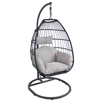 Sunnydaze Giles Egg Chair and Stand - Resin Wicker Nylon Rope - Gray Cushions