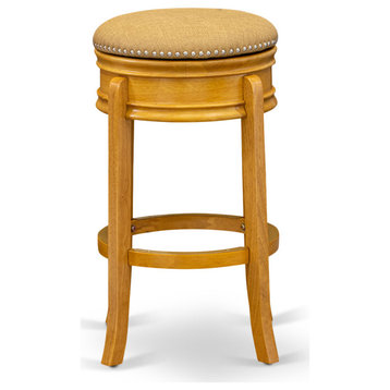 Counter Height Bar Stool - Pu Leather Seat And 4 Wood Curved Legs, Oak Finish