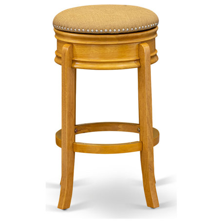 Counter Height Bar Stool - Pu Leather Seat And 4 Wood Curved Legs, Oak Finish