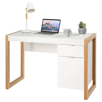 Modern Desk, Gold Finished Legs and White Tabletop With 2 File Drawers