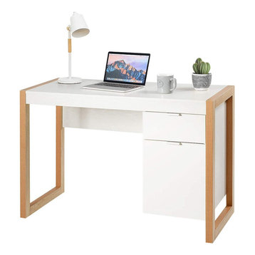 Modern Desk, Gold Finished Legs and White Tabletop With 2 File Drawers