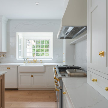 Château Charm: French-Inspired Kitchen Renovation with Plaster Hood Blue Stove a