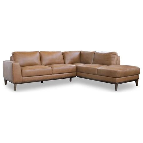 Milton Modern Living Room Top Leather Corner Sectional Sofa in Cognac Tan