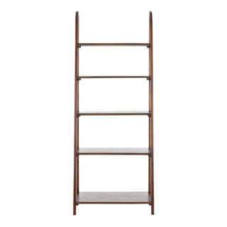 5-Tiered Open Wall Mount Teak Wood Ladder Bookshelf