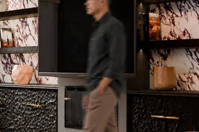 Moody Modern Living Room – Black Textured Cabinets & Brass Hardware Concept