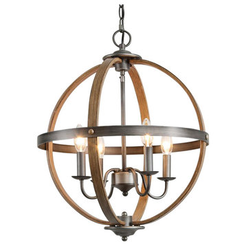 4-Light Globle Farmhouse Chandeliers, Faux Wood, Brushed Silver Finish