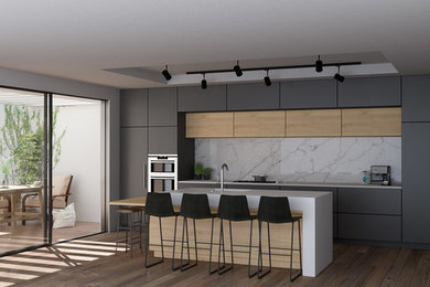 Example of a large minimalist single-wall brown floor eat-in kitchen design in Tel Aviv with an integrated sink, flat-panel cabinets, black cabinets, solid surface countertops, white backsplash, marble backsplash, black appliances and an island